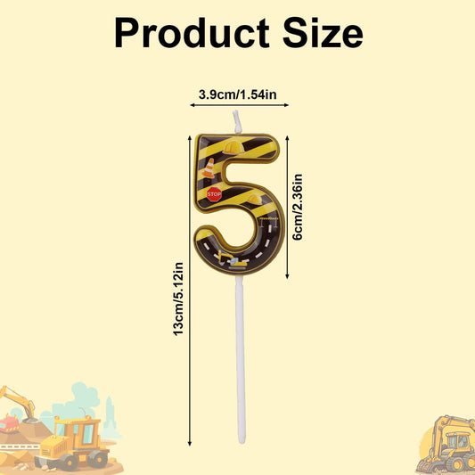 Construction Birthday Number Candles, Yellow & Black Striped Cake Topper Building Theme Party Decorations for Graduation Anniversary Celebration (Number 5)
