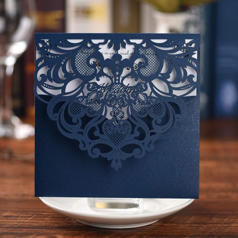 FOMTOR Navy Blue Laser Cut Invitations 50 Pack Laser Cut Wedding Invitations Card Kit with Blank Printable Paper and Envelopes for Wedding,Birthday Parties,Baby Shower