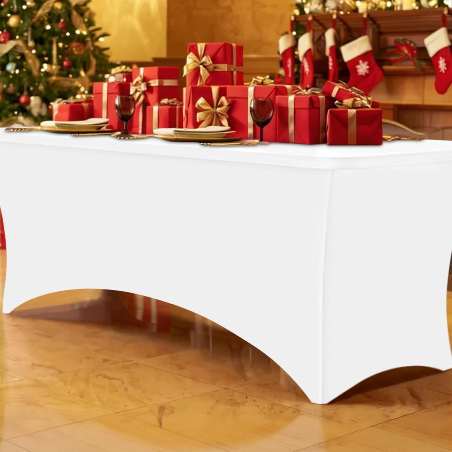 Smiry 2 Pack Spandex Table Cloth 8FT, Elastic Fitted Stretch Tablecloths, Washable and Wrinkle Free Rectangular Patio Table Cover for Outdoor, Wedding, Banquet & Parties (White, 96Lx30Wx30H Inch)