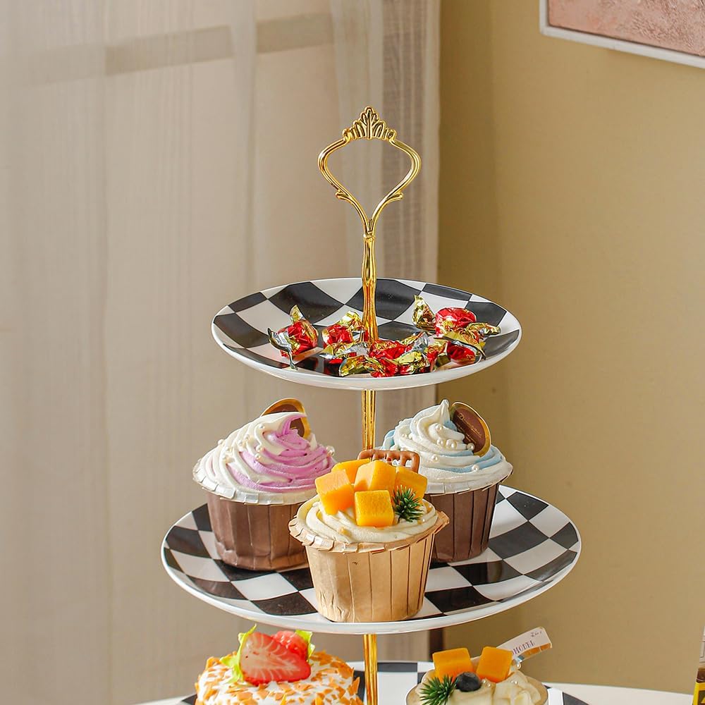 3 Tier Checked Ceramic Cupcake Stand, Tiered Serving Cake Stand, Embossed Dessert Stand, Weddings Parties Pastry Serving Tray (Black)