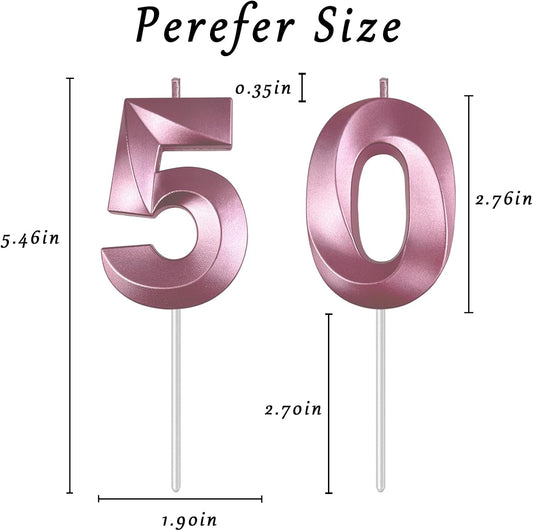 Pink Number 50 Candles, 3D Diamond 2.76 Inch Cake Topper Birthday Candles for Wedding Anniversary Cake Decorations, Happy Birthday Party Decorations