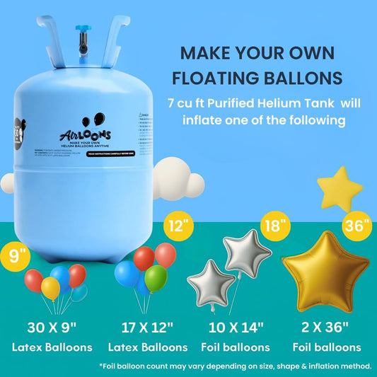 Airloons Helium Balloon Kit – 3 Tanks + 90 Multicolor 9" Latex Balloons, Ribbon & Nozzle for Parties & Events