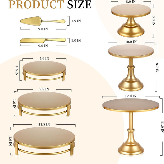 8 PCS Gold Cake Stand Set with Gold Pedestal Cake Stand and Cake Cutter Pie Spatula, Dessert Table Display Set for Wedding, Party, Birthday, Baby Shower, Event Bridal Celebration