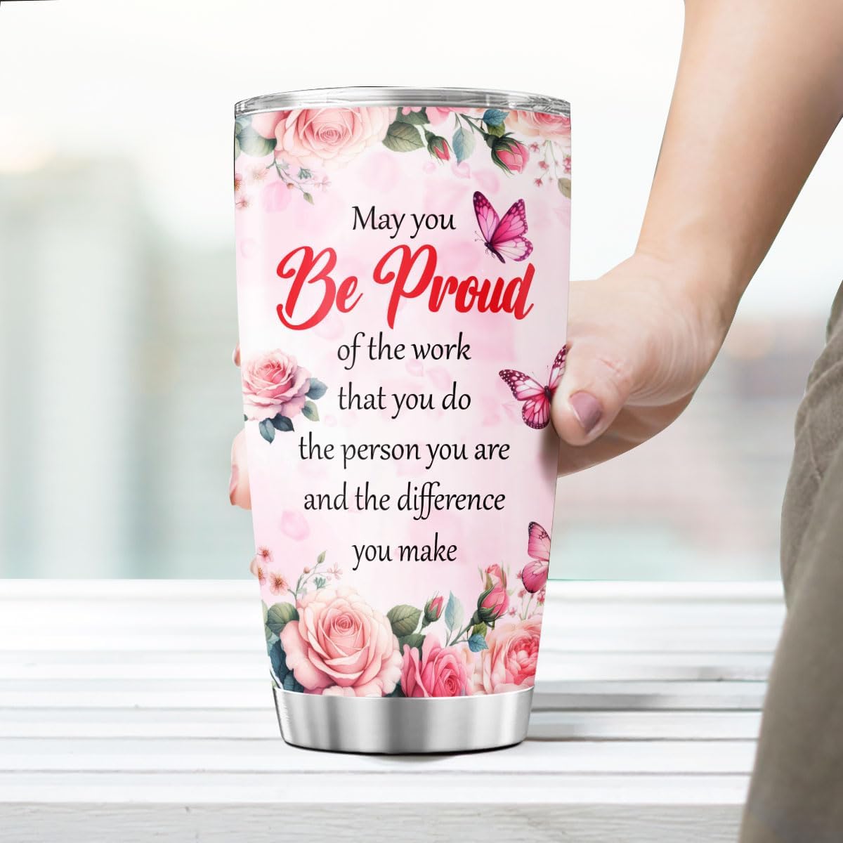 Inspirational Quote Tumbler for Women 20oz, Floral Butterfly Design Stainless Steel Insulated Cup, Motivational Gift for Coworker, Friend, Teacher, Mom, Appreciation Present