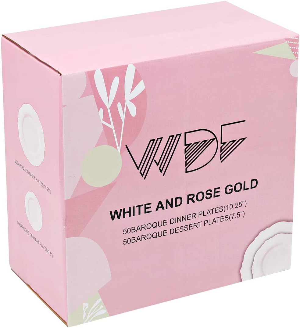 WDF 100pcs Rose Gold Plastic Plates-Baroque White &Rose Gold Disposable Plates including 50Plastic Dinner Plates 10.25inch,50Salad Plates 7.5inch for Wedding & Parties