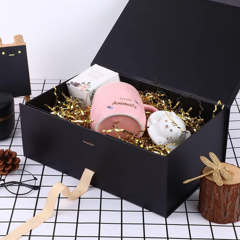 Large Black Gift Box With Ribbon and Magnetic Closure Lid, 12x8x4.5 Inches - Bridesmaid Proposal Box for Festival (Matte Black)