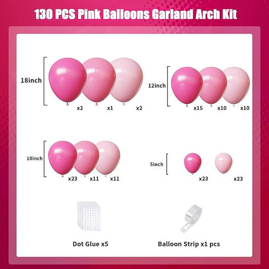 Pink Balloons Arch Kit,130pcs Hot Pink Balloon Garland,Different Sizes Light Latex Pink Balloons for Wedding,Bridal Shower,Birthday,Valentine's Day Party Decorations