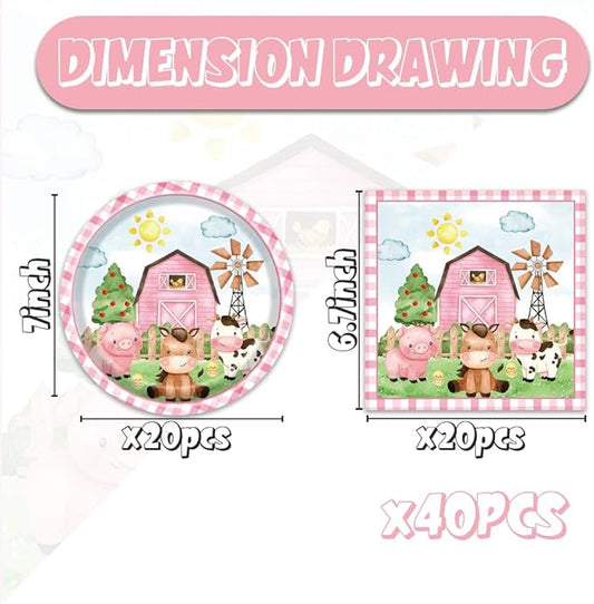 40pcs Farm Animals Party Supplies Plates and Npakins Farm House Animal Barnyard Theme Birthday Party Decorations Pink Barn Animal Baby Shower Tableware Sets