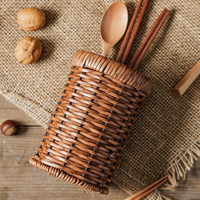 Cabilock Woven Cutlery Holder Utensil Organizer Basket for Kitchen Countertop Tabletop Storage 6.14X4.09X4.09 Inch Lightweight Portable Chopstick Tube for Dining Buffet Party