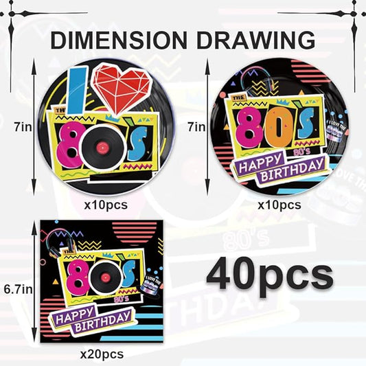 40Pcs 80s Birthday Party Decorations Plates 80s Themed Tableware Include Paper Plates Napkins for 20 Guests Baby Shower Birthday Party Decorations