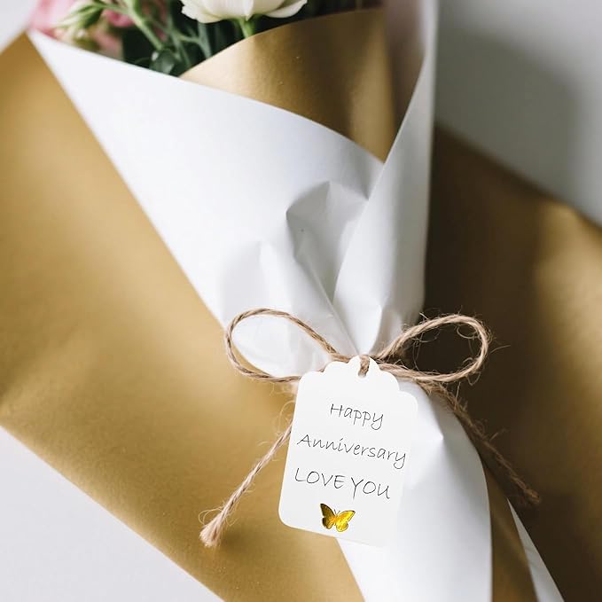 ASYEHJNR 100Pcs Blank Gift Tags with String, Foil Gold Butterfly Large Gift Tags with 65 Ft Jute Twine White Paper Cute Tags for Birthday Baby Shower Wedding Party Gift Wrap Tags