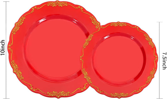 U-QE 100PCS Red Plastic Plates - Heavy Duty Red Disposable Plates Disposable with Gold Rim - Include 50PCS 10inch Dinner Plates and 50PCS 7.5inch Dessert/Salad Plates for Party