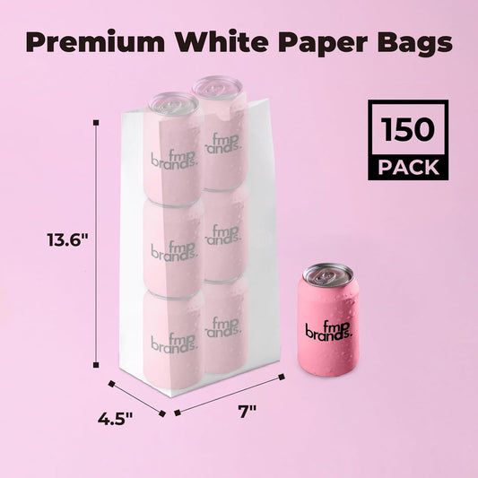 Fit Meal Prep 150 Pack 12 lb White Paper Lunch Bags, 13 x 7 x 4.5" Durable Paper Bags Bulk for Packing, Delivery, Take Out, Grocery, Retail Shopping, Premium Sack for Snacks, Bakery