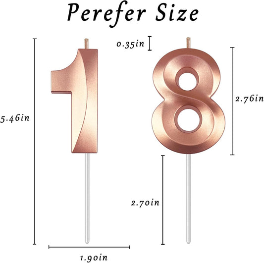 Rose Gold Number 18 Candles, 3D Diamond 2.76 Inch Cake Topper Birthday Candles for Wedding Anniversary Cake Decorations, Happy Birthday Party Decorations