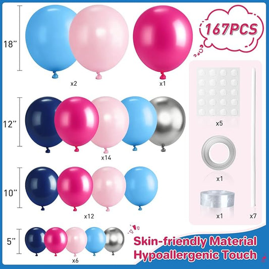 Blue Pink Balloon Garland Arch Kit, 167Pcs Pastel Hot Pink Navy Light Blue Silver Balloons for Gender Reveal Baby Shower Graduation Birthday Pool Hawaii Tropical Party