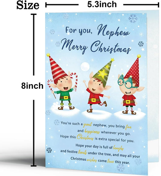 Christmas Card Gift for Nephew, Nephew Christmas Card from Auntie Uncle, Cute Festive Elf Design for Boys