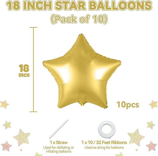 Gold Star Foil Balloons, 10PCS Gold Foil Stars Shape Balloons, 18 Inch Metallic Stars Balloon for Helium Pentagram Balloon for Birthday, New Years, Graduation, Baby Shower Party Decorations