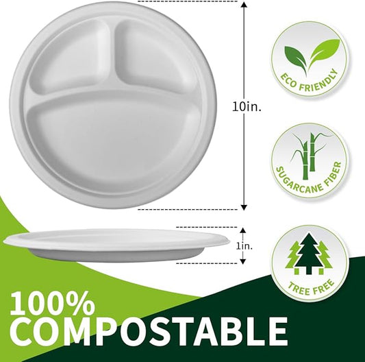 10 Inch 3 Compartment Paper Plates ใWhite 150 Packใ, Compostable Divided Plates, 100% Sugarcane Bagasse, Heavy Duty Disposable Plates for Party, BBQ, Picnic, Catering