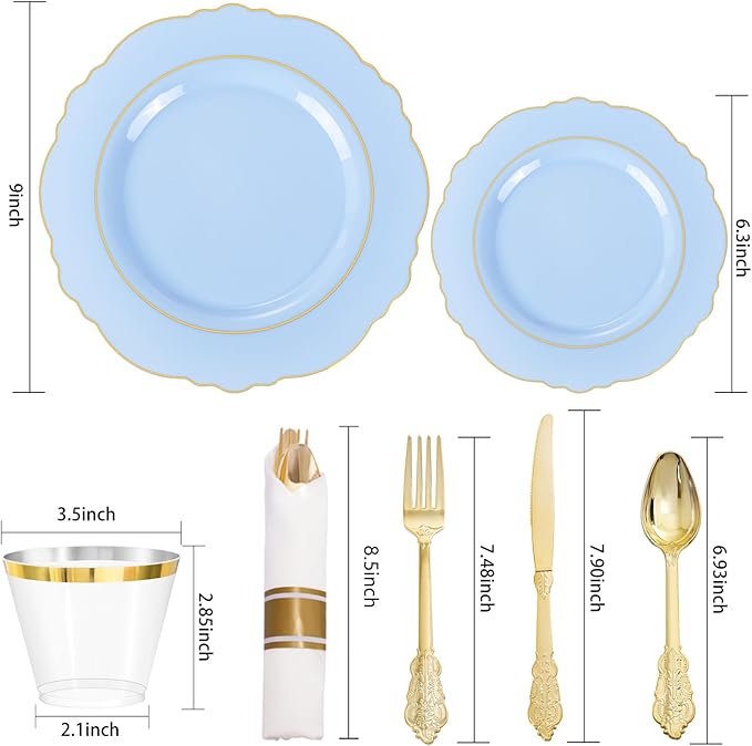 Liacere 175PCS Bule Plastic Plates - Disposable Ligh Bule and Gold Plates - Baroque Plastic Dinnerware 50Plates, 25Pack Pre Rolled Napkins with Silverware 25Cups for Baby Shower Party &Easter Day