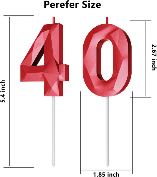 Number Birthday Candles(40 Candle Red) 3D Diamond Shape Number Happy Birthday Cake Candles for Birthday Party Wedding Decoration Reunions Theme Party