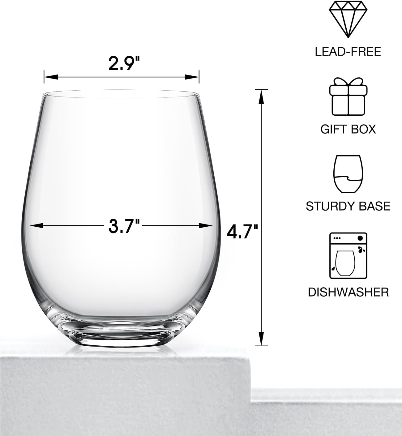 LUNA & MANTHA Stemless Wine Glasses Set of 4, 18oz Crystal Red White Wine Glasses for Daily Use, Hosting, Home Bar, Evening Party, Birthdays, Shower, Housewarming Gift, Clear