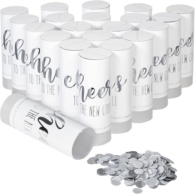Sparkle and Bash Wedding Confetti Wands - 1.5 x 4.2 In, 20 Pack, Silver & White - Metallic Foil Dispenser for Send Off, Bridal Shower, Reception & Engagement Party