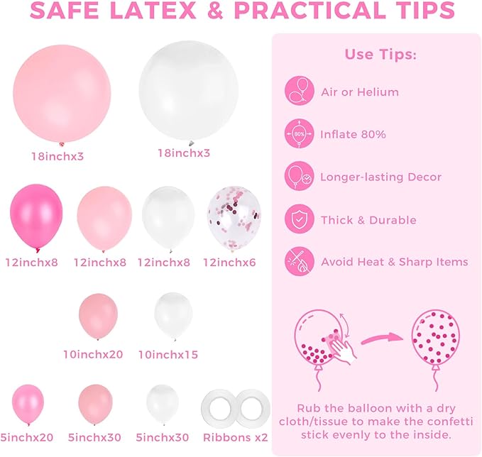 LovesTown Pink Balloon Garland Kit, 150PCS Arch Kit Pastel Light Pink White Balloons Pink Confetti Metallic Latex Balloons for Wedding Party Decorations (Pack of 2)