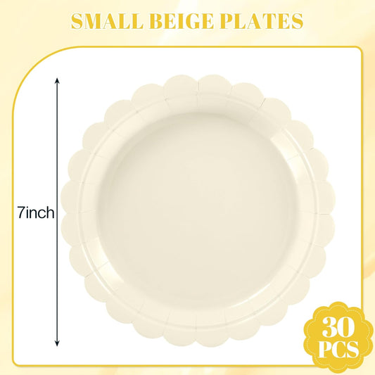 30 Pcs Dessert Plates Disposable, 7 Inch Ivory Paper Plates Scalloped Small Cake Appetizer Birthday Plate Cream Party Plate for Thanksgiving, Wedding, Baby Bridal Shower