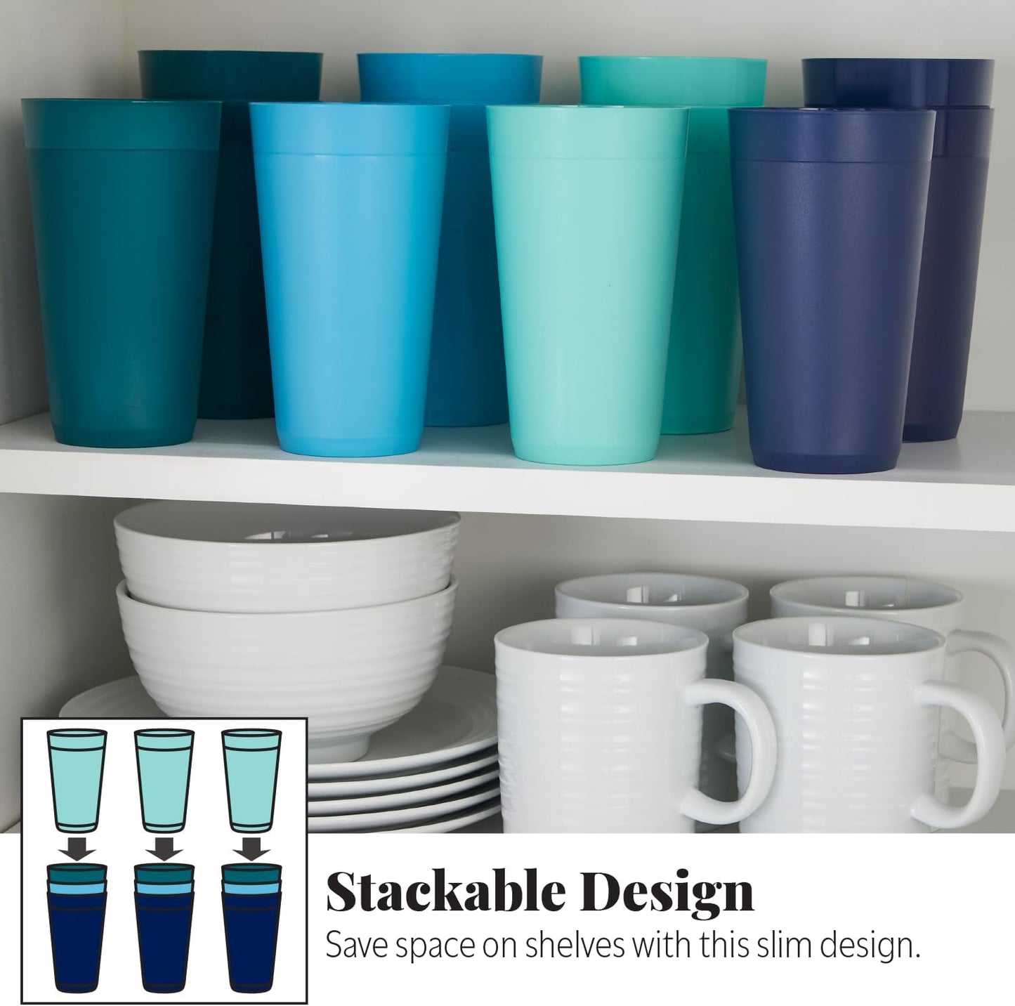 US Acrylic Newport 20 ounce Unbreakable Plastic Stackable Water Tumblers in 4 Coastal Colors | Set of 12 Drinking Cups | Reusable, BPA-free, Made in the USA, Top-rack Dishwasher and Microwave Safe