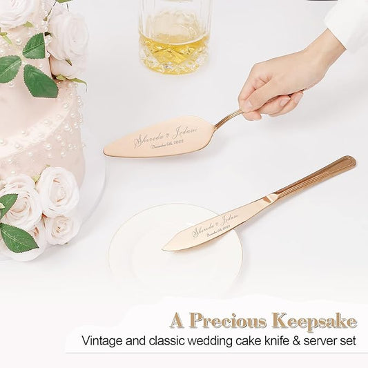 Cake Cutting Set for Wedding, Personalized Wedding Cake Knife and Server Set, Vintage Engraved 2-Piece Pie Pizza Cutter Serving Set, Custom Bridal Anniversary Birthday Quinceañera Gift(Rose Gold)