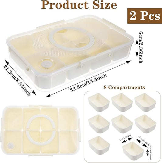 2 Pack Divided Snack Container with Lid & Handle, Dishwasher Safe 8 Compartment Snack Platters, Portable Snackle Box Container for Fruits, Candy, Nuts, Charcuterie, Picnic, Party & Travel
