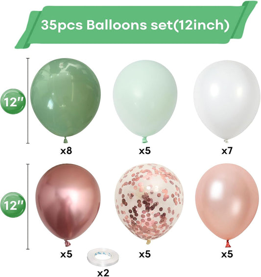 Sage Green and Rose Gold Balloons, 12 Inch Avocado Green Metallic Rose Gold Confetti Balloons, Retro Green White Balloons for Birthday Wedding Baby Shower Jungle Safari Party Decoration