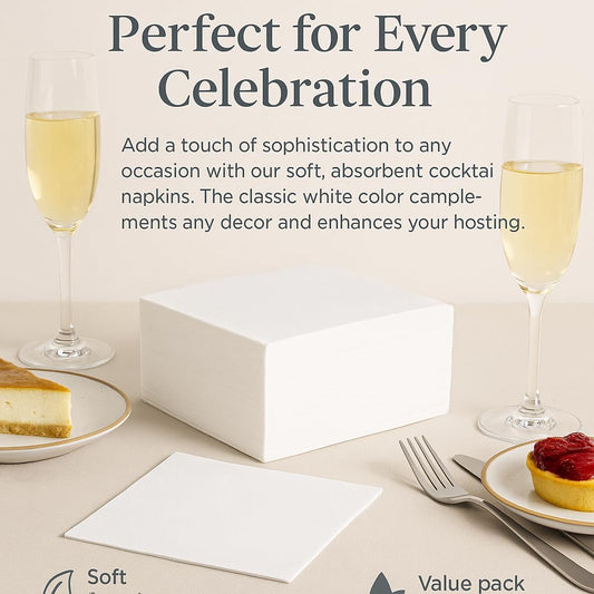 White Cocktail Napkins - 200 count! 2-Ply, Soft, Absorbent, Disposable Paper Napkins for Drinks, Parties, Events, Bars & Weddings! 5x5 inch Square