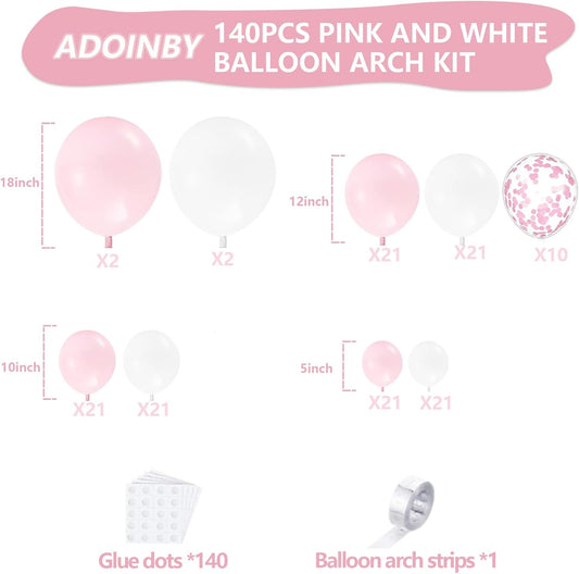 Pink and White Balloon Arch Kit, ADOINBY 140Pcs Macaron Pink Balloon Matte White Balloon 18 12 10 5 Inch Different Size Balloons for Engagement Wedding Birthday Baby Shower Gender Reveal Decorations