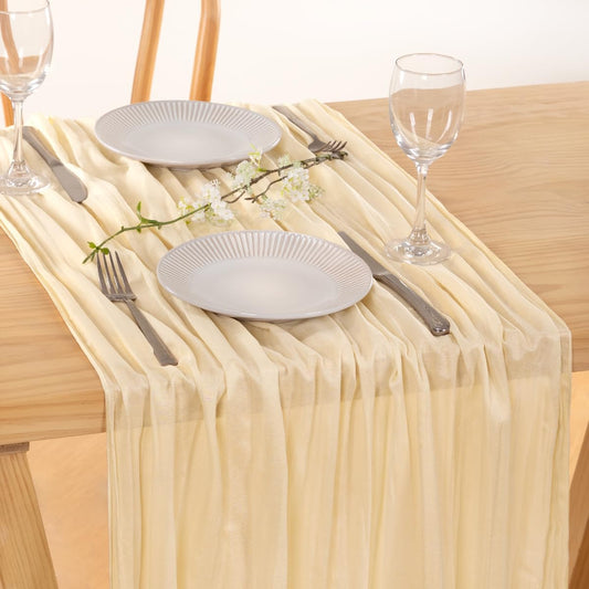 MLMC 3 Pack Beige Cheesecloth Table Runner 10ft Rustic Boho Gauze Cream Table Runner Bulk Fall Decor 35x120 Inches for Wedding Bridal Baby Shower Party Decor