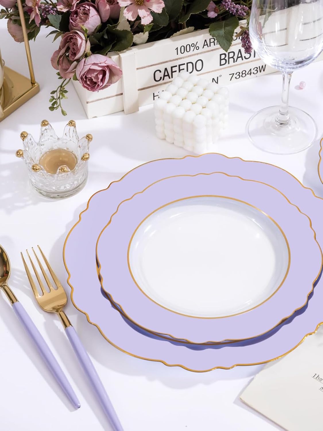 WDF 60pcs Clear Purple Plates Disposable with Gold Rim - Baroque Lavender Purple Plastic Plates for Party/Wedding/Spring Picnic