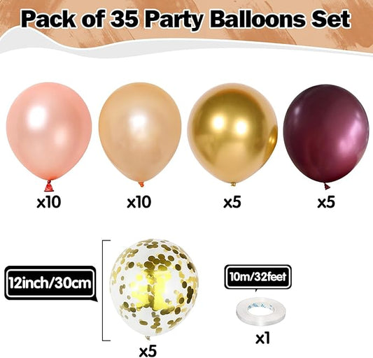 Rose Gold Balloon Set 12 Inch Burgundy Rose Gold Balloons 35 Pcs Champagne Wine Red Metallic Gold Confetti Balloons for Girls Women Bachelorette Wedding Bridal Shower Birthday Party Decorations