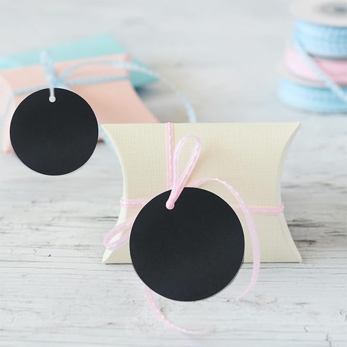 G2PLUS 100PCS Gift Tag with String,2.2'' Round Paper Tags Blank Hang Tags Black Circle Tags with Holes for Craft Projects, Xmas Gift, DIY Wedding Favor Bag