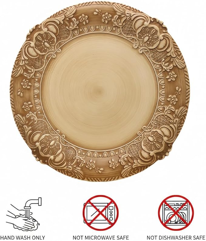 13-Inch Vintage Embossed Charger Plates, Set of 6 - Decorative Antique Gold Plastic Underplates for Dinner Party, Wedding, and Holiday Table Decor - Durable & Reusable Service Plates