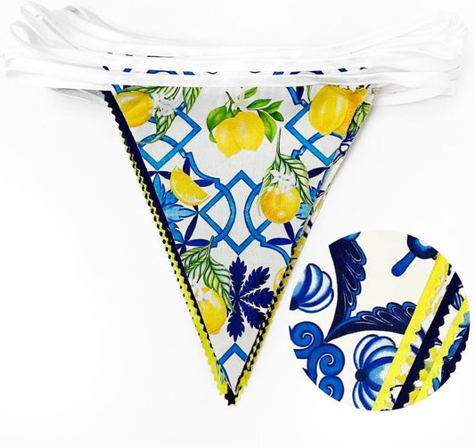 32Ft Capri Lemon Party Decorations Blue Tiles Yellow Lemon Fabric Pennant Banner Triangle Flag Garland Streamer for Amalfi Coast Capri Yellow Blue Tiles Mediterranean Birthday Baby Shower Supplies