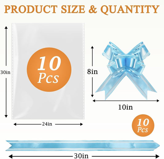 PigPotParty 24"x30" Clear Cellophane Gift Bags - Includes Bows – 10 Pack Large Cellophane Wrap for Gift Baskets, Plastic Gifts Bags for Gift Giving