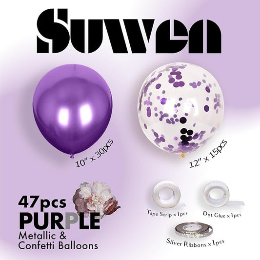SUWEN Purple Metallic Balloons and Confetti Balloons Set 47PCS Latex Helium Chrome Dark Purple Balloon for Birthday Graduation Anniversary Party Decorations