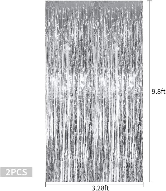 TONIFUL 2Pcs Silver Metallic Tinsel Foil Fringe Curtains,Black Photo Booth Backdrop Streamer Curtain Photo Booth Props for Bachelorette Party,Birthday,Graduation,Christmas Decor(6.6ft x 9.9ft)