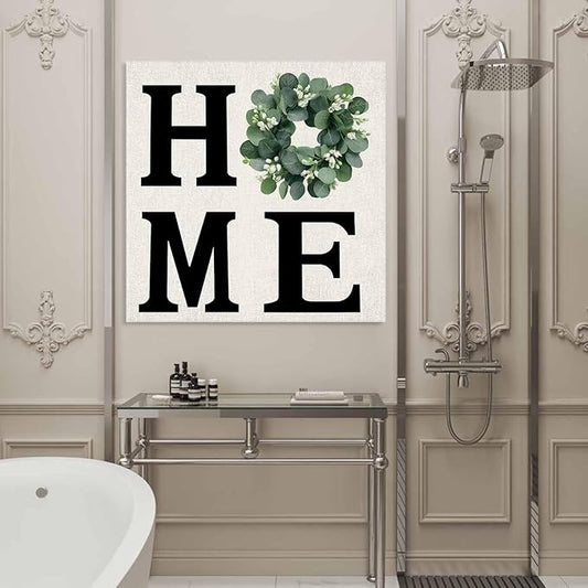 Canvas Wall Art Home Green Eucalyptus Leaves Garland,Oil Painting Prints Artworks Picture Stretched and Framed, Retro Linen Wall Decor for Living Room/Bedroom/Kitchen/Bathroom 28x28IN