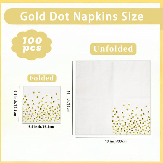 100 Pcs 6.5x6.5 Inch Disposable White Gold Paper Napkins for Cocktail
