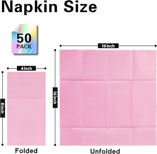 Pink Napkins Hand Towels Disposable, Linen-Feel Dinner Napkins with Prefolded Built-in Flatware Pocket, Guest Paper Hand Towels For Wedding, Dinner Or Party (16x16in, 50Pack)