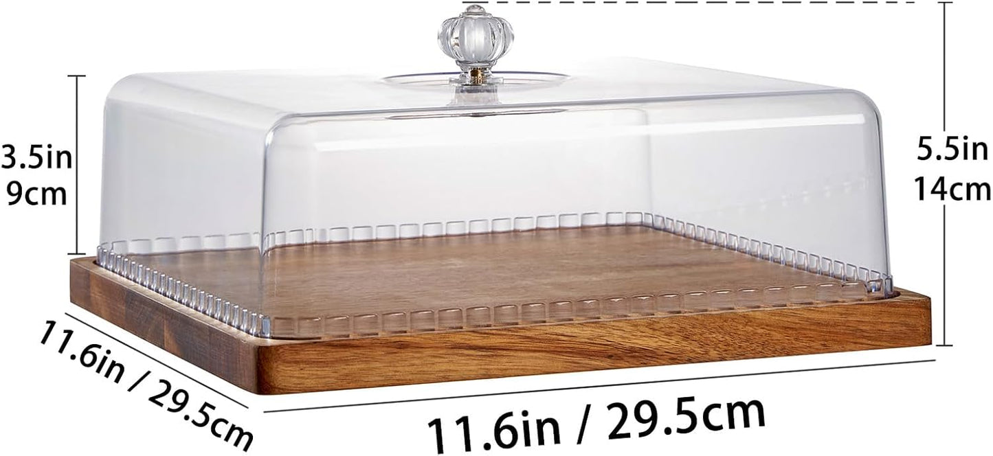 Cake Stand with Lid, 11.6″ Square Small-Sized Cake Holder, Acacia Solid Wood Dessert Table Display Set, Charcuterie Board for Cheese ,Fruit Platter, Large Acrylic Cake Dome Cover