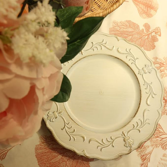 Spsyrine White Antique Charger Plate, 13" Embossed Plastic Table Plate Chargers for Dinner, Set of 6 Elegant Decorations for Wedding, Dining, Party Events.