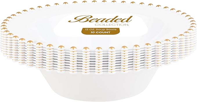 PLASTICPRO 32 Piece Plastic Dinner Plates Bowls Disposable Plastic Fancy Heavy Duty Party Dishes 12 oz White and Gold Bead Bowls