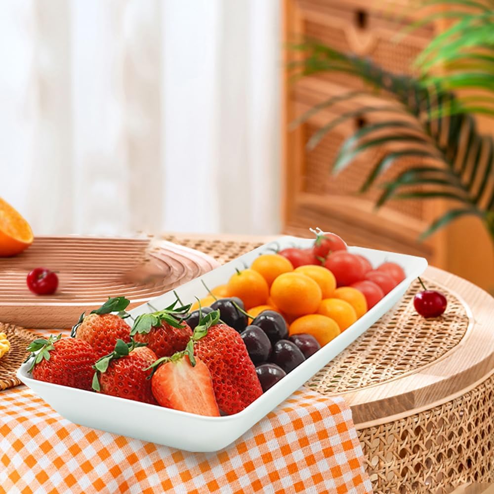 Serving Tray Platter Rectangle, 4 Pcs Long Narrow Food Tray for Veggie Fruit Snack Dessert, Plastic White Food Trays for Party Supplies Display, Rectangular Platters for Serving Food, BPA Free